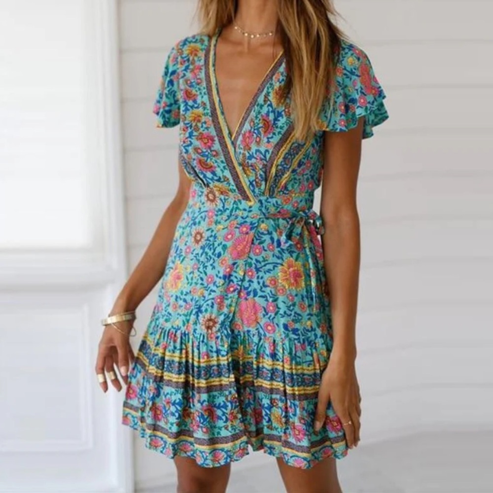 Boho Floral Print Teal Mini Wrap Dress Medium - Picture 2 of 6
